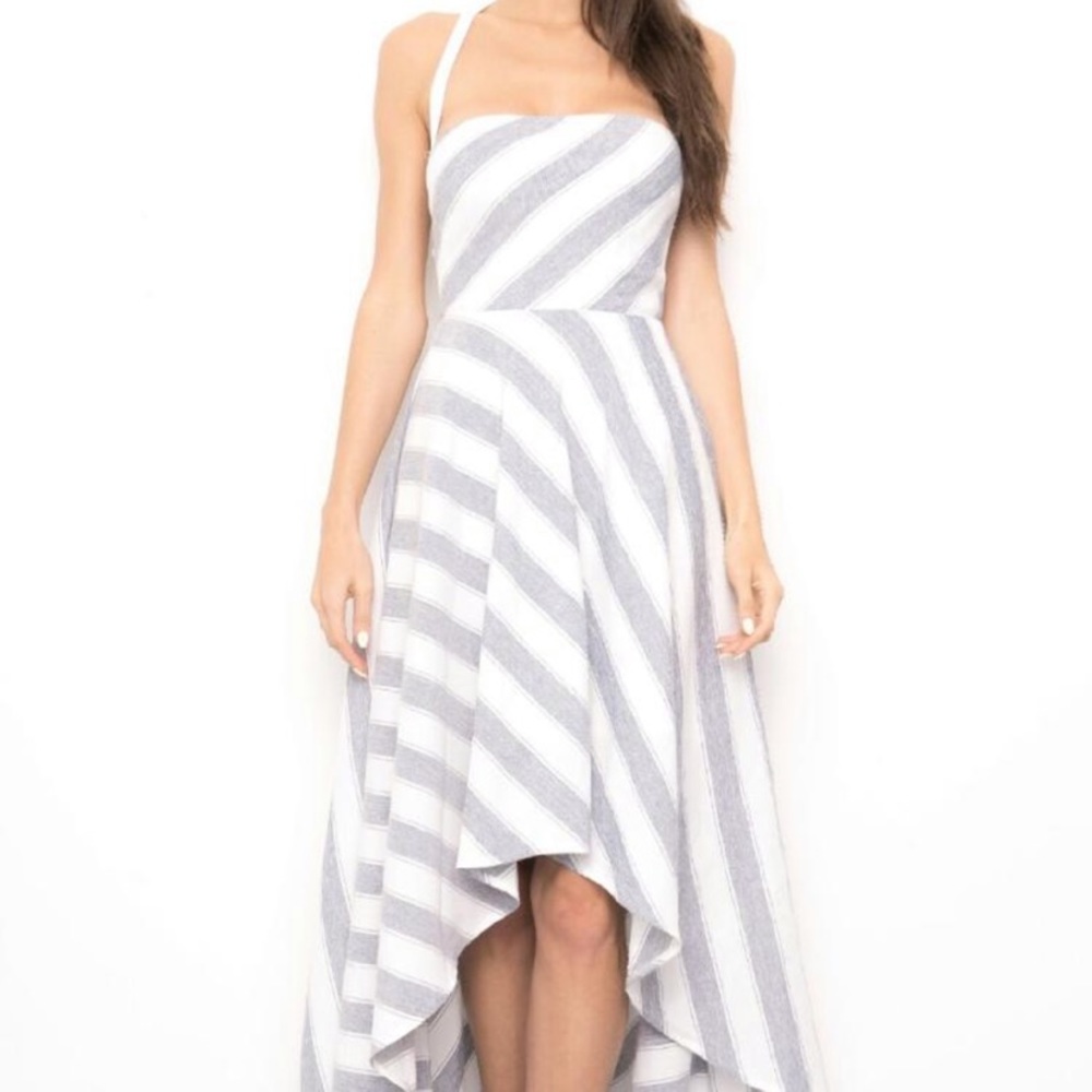 BLITHE Tan and White high-low dress.
